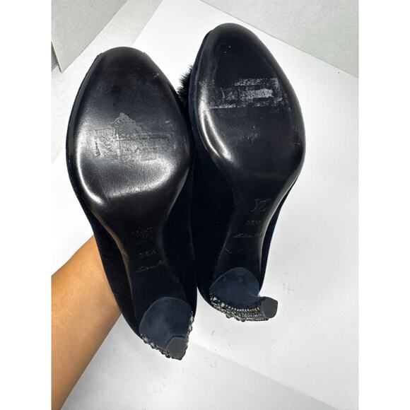 Louis Vuitton Black Blue Nuit Frill Mink Pompom Pumps Heels Size 35.5 Runway - Picture 5 of 12